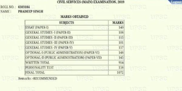 The mark sheet states the score in all subjects of the exam. The total score is 1072 in this sheet.